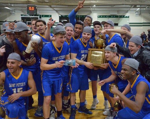 St. Peter's basketball celebrating a championship win